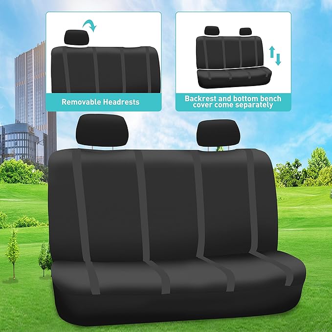 FH Group Unique Flat Cloth Full Set Car Seat Covers w. Silicone Steering Wheel Cover- Universal Fit for Most Cars, Trucks, SUVs or Vans (Black)