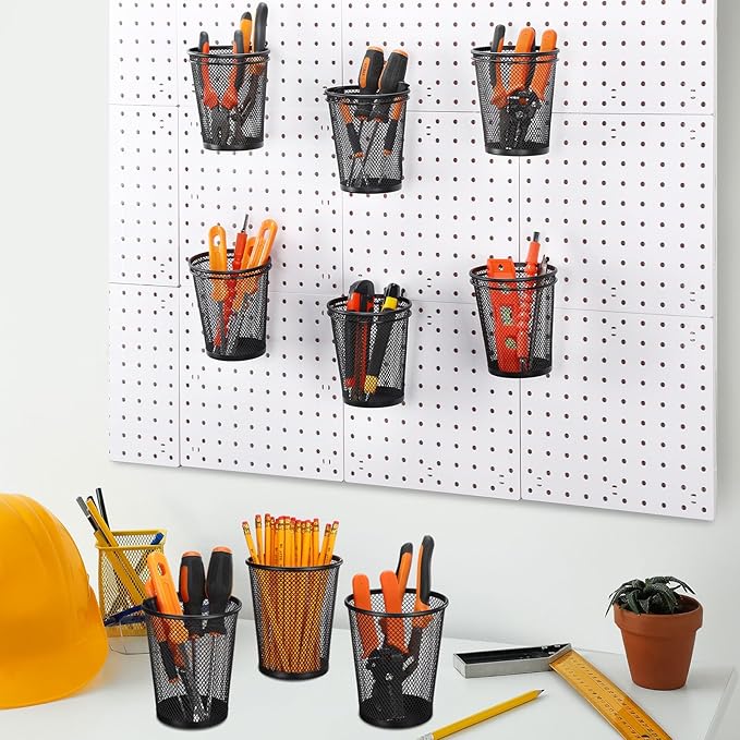 Spakon 6 Sets Pegboard Cups with Ring Hook, Peg Board Baskets Bin Holder Organizer Accessories Pegboard Pencil Cup Multipurpo