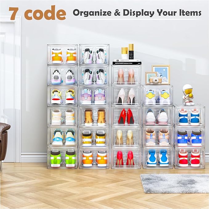 7 code Large Clear Shoe Boxes Organizer【Thicker Material】 Stronger Shoe Box with Magnetic Door, Stackable Shoe Storage Box fo