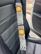 Handmade Crochet Sun Moon Car Steering Wheel Covers Universal 14-15 inch,Cute Steering Wheel Cover,Car Accessories (Steering Wheel Cover+2 Belt Cover)