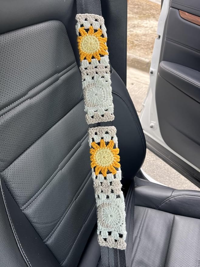 Handmade Crochet Sun Moon Car Steering Wheel Covers Universal 14-15 inch,Cute Steering Wheel Cover,Car Accessories (Steering Wheel Cover+2 Belt Cover)