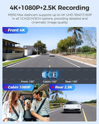 AZDOME M550 Max 4K 3 Channel Dash Cam, Dual STARVIS Sensors, 4K+2.5K+1080P Front and Rear Inside Triple Car Camera, Built-in 