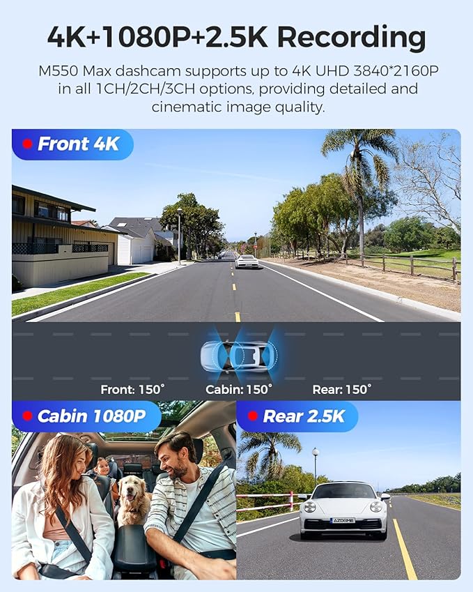 AZDOME M550 Max 4K 3 Channel Dash Cam, Dual STARVIS Sensors, 4K+2.5K+1080P Front and Rear Inside Triple Car Camera, Built-in 