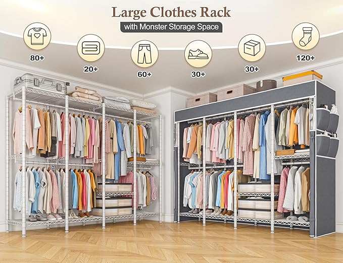 Raybee Clothes Rack with Cover,1100 LBS,Clothing Racks for Hanging Clothes Heavy Duty,Portable Closet with Shelves,Adjustable