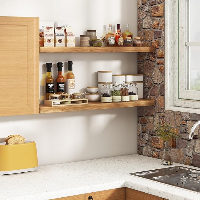 Floating Shelves 40"W x 8"D, Solid Elm Wood Shelves for Wall, 8 Inch Deep Floating Shelves for Home Storage & Display, Rustic