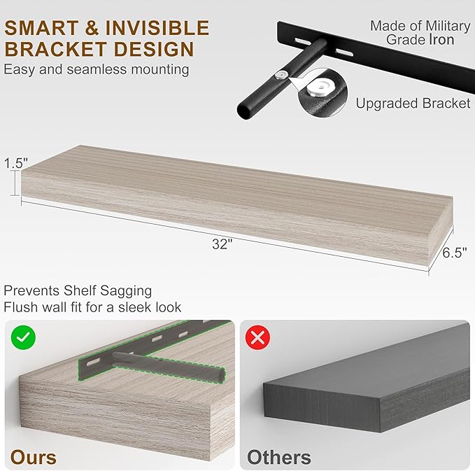 Fun Memories Floating Shelves for Wall, 32Inch Floating Shelves Set of 2, Hanging Shelf with Invisible Brackets, Wood Shelves
