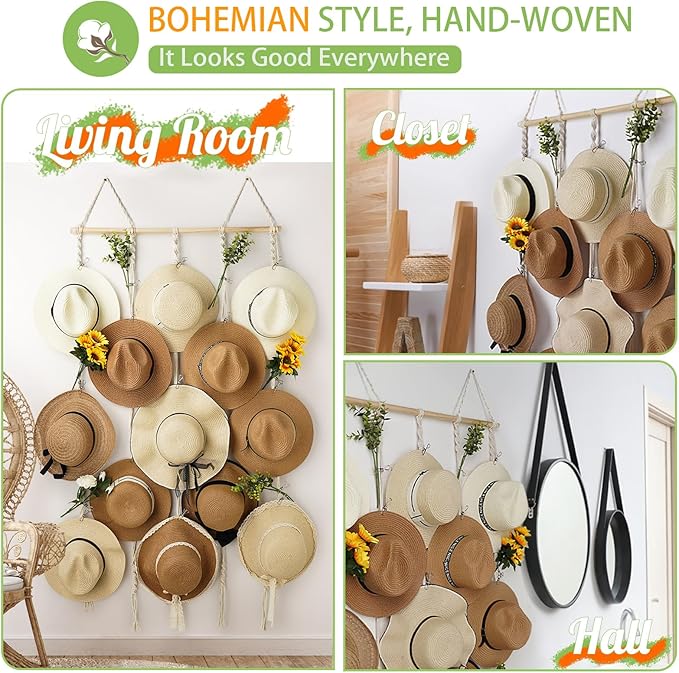 Macrame Hat Rack for Wall 31x66 in Hat Organizer with 15 Clips Hanging Hat Hanger Holder for Women Wide Brimmed Hat Storage f