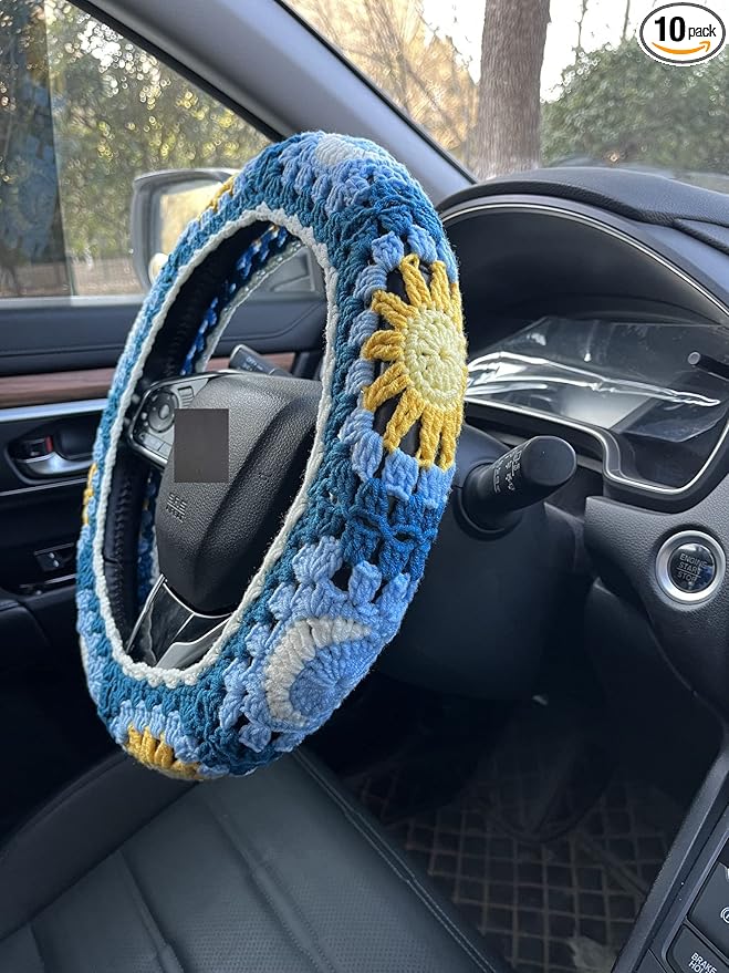 Handmade Crochet Sun and Moon Car Steering Wheel Covers Universal 14-15 inch for Women and Men (Steering Wheel Cover)