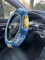 Handmade Crochet Sun and Moon Car Steering Wheel Covers Universal 14-15 inch for Women and Men (Steering Wheel Cover)
