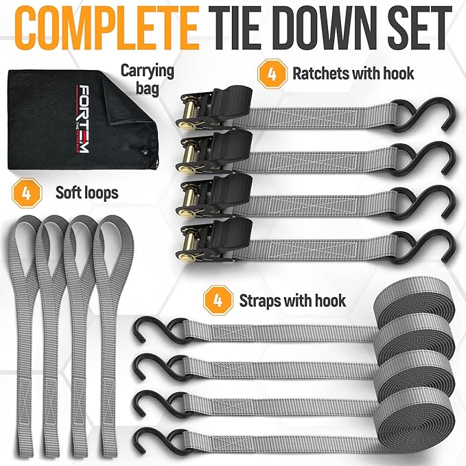 FORTEM Ratchet Straps, Tie Down Strap Set 1650lb Break Strength, 4 Pack 15ft x 1in, 4 Soft Loops, Moving Straps Tie Downs, Cargo Cam Buckles for Trucks, Carry Bag, for Men