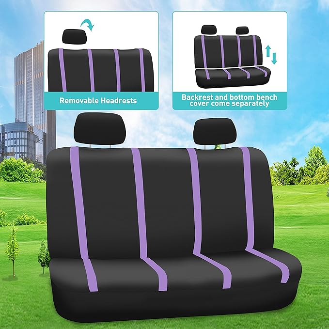 FH Group Unique Flat Cloth Full Set Car Seat Covers w. Silicone Steering Wheel Cover- Universal Fit for Most Cars, Trucks, SUVs or Vans (Purple/Black)