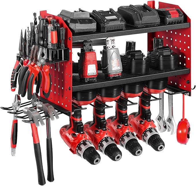 VEVOR Power Tool Organizer Wall Mount, 3-Layer Storage Rack with 4 Drill Holders, Tools Holder and Storage Rack with Side Peg