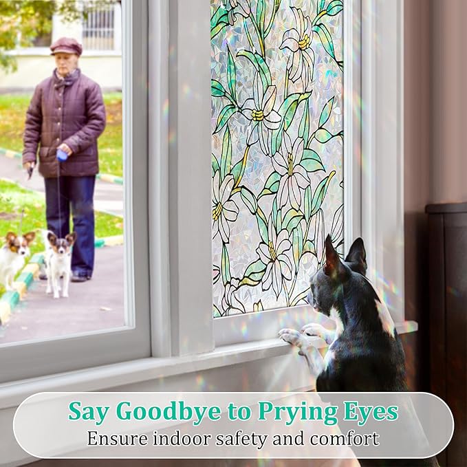 Coavas Static Cling Privacy Window Film, 96% UV & Heat Blocking, Stained Glass Window Film Floral Design, Non-Adhesive, for Bathroom, Front Door, Shower Enclosure‌(Vinyl, 23.6" x 78.7 ")