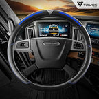18-Inch Genuine Leather Steering Wheel Cover for Semi Trucks – Black with Blue Stripes, Universal Fit Heavy-Duty Non-Slip Grip, Comfortable Control, Easy Installation