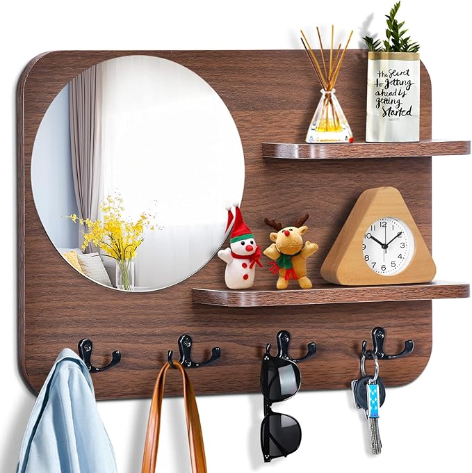 Coat Rack with Shelf Rustic Wooden Wall Mounted Hanging Coat Rack with Mirror Shelves and 4 Double Hooks Decorative Entryway 
