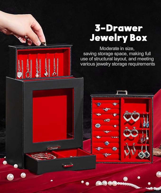 Homde Jewelry Organizer Girls Women Jewelry Box for Necklaces Rings Earrings Gift Bracelets Storage Case (Black + Red + Gold)