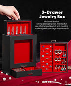 Homde Jewelry Organizer Girls Women Jewelry Box for Necklaces Rings Earrings Gift Bracelets Storage Case (Black + Red + Gold)