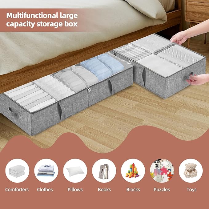 2-Pack Under Bed Toy Storage Boxes, Grey Toy Organizer with Clear PVC Lid, Foldable Under Couch Storage Bins (31.8×16×5.9in),