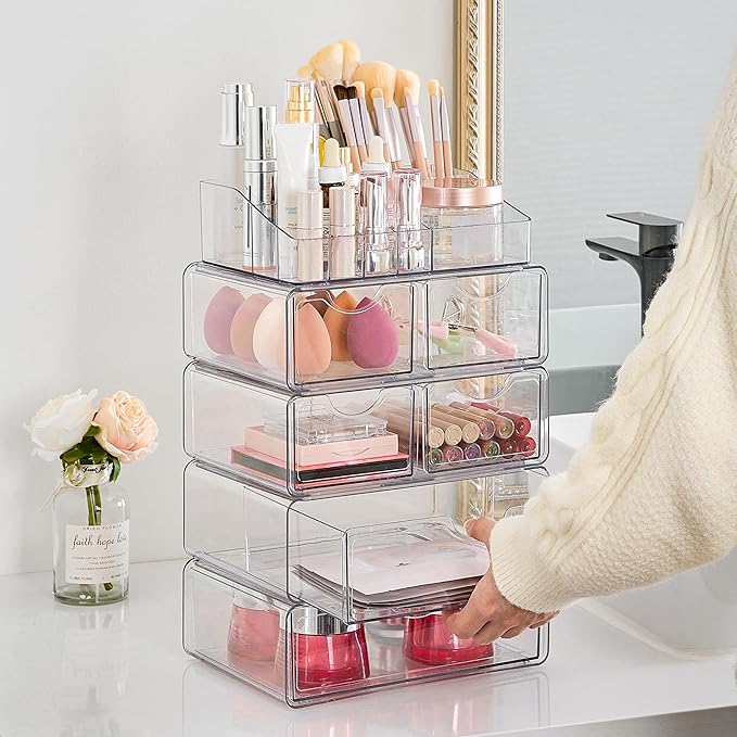 Vtopmart 5 Tier Clear Makeup Organizer with Drawer, Cosmetic Storage for Dresser Countertop and Bathroom Vanity, Beauty Holde