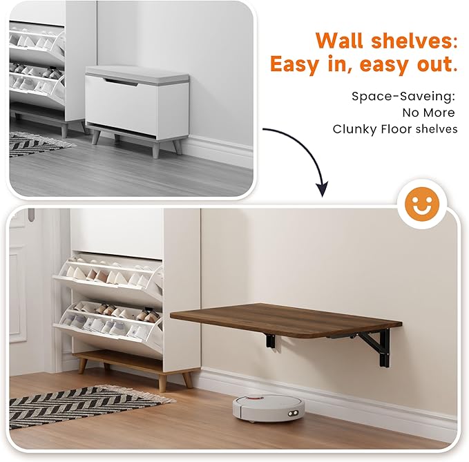 Foldable Walnut Floating Wall Shelves 20 inch, Bathroom Shelves Wall Mounted,12" Deep Wood Floating Kitchen shelves,Easy to I