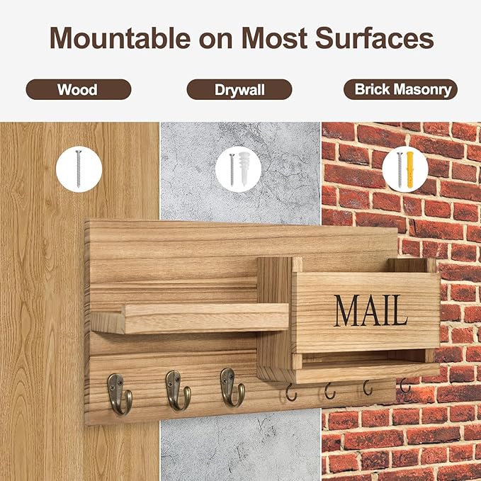 Lwenki Mail Organizer for Wall Mount – Key Holder with Shelf Includes Letter Holder and Hooks for Hallway Farmhouse Decor – R