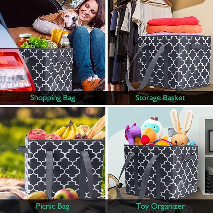 WISELIFE Reusable Grocery Bags 6-Pack Foldable Washable Large Storage Bins Basket Water Resistant Shopping Tote Bag Dark Grey