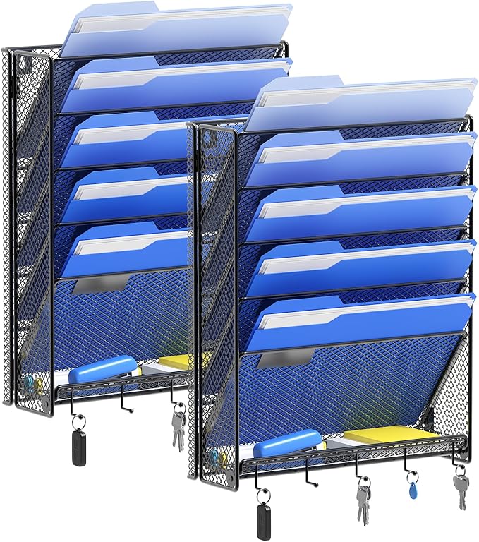 OUTWOLF Hanging Wall File Organizer with Hooks, 6 Tier Vertical Wall Mount File Holder, Paper Document Mail Organizer for Off