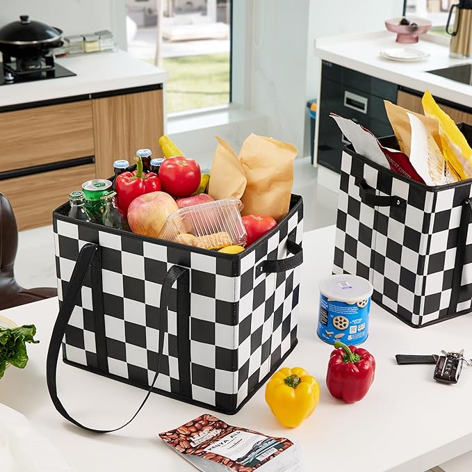 Checkered Reusable Grocery Bags Heavy Duty 3 Pack Foldable Shopping Bags with Handles for Groceries Collapsible Tote