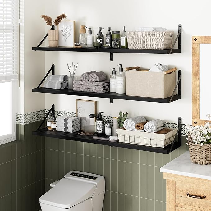 Floating Shelves for Wall, 36W x 8D Wide Bookshelf with Brackets Set of 3, Wood Wall Mounted Shelves for Living Room, Kitchen