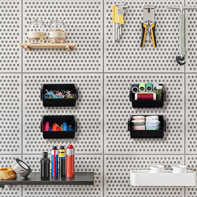 16 Pcs Black Pegboard Bins with Metal Hooks, Heavy Duty Plastic Storage Organizer, Pegboard Tools Organizer for Garage, Works