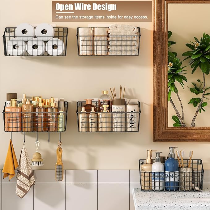 2 Pack Wall Hanging Baskets for Organizing, Large Metal Wire Basket with 5 Hooks+2 Strong Long Adhesive Hooks,Kitchen Hanging