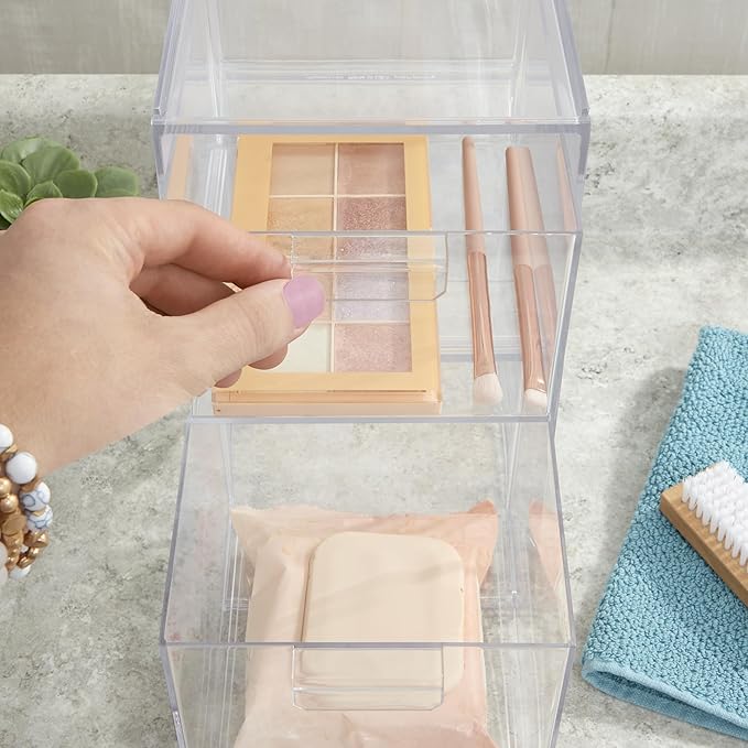 STORi Audrey Stackable Clear Bin Plastic Organizer Drawers | 2 Piece Set | Organize Cosmetics and Beauty Supplies on a Vanity