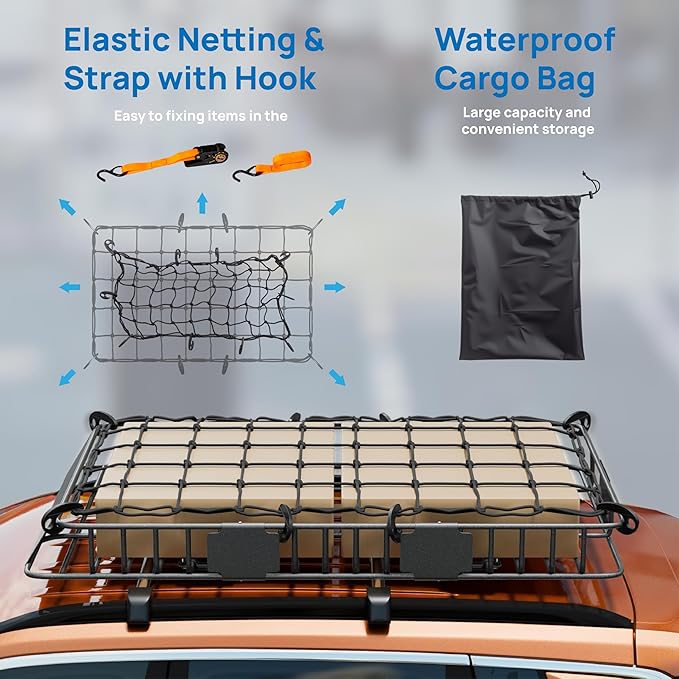 TUFFIOM 64"x 39"x 6" Universal Rooftop Cargo Carrier Basket, Extendable Steel Roof Rack Basket w/Net+Storage Bag+Straps, Heavy Duty Car Top Rack Luggage Holder Carrier for SUV Car Truck Van
