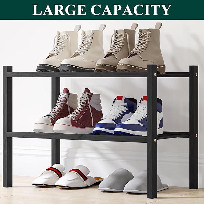 Smiry Shoe Rack, 2 Tier Small Bamboo Shoe Organizer, Stackable Free Standing Wooden Shoe Storage Shelf for Closet, Entryway, 