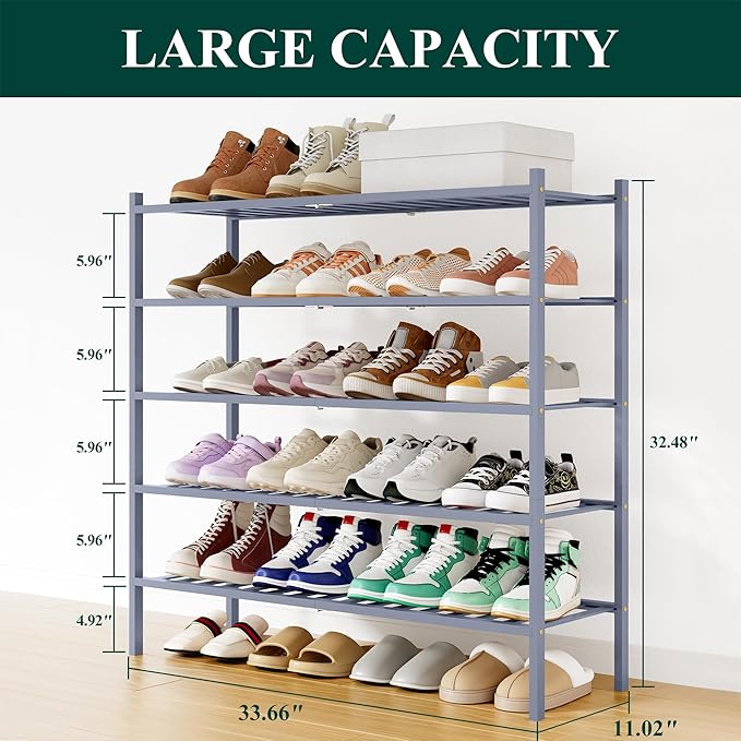 Smiry Shoe Rack, 5 Tier Long Bamboo Shoe Organizer, Stackable Free Standing Wooden Shoe Storage Shelf for Closet, Entryway, F