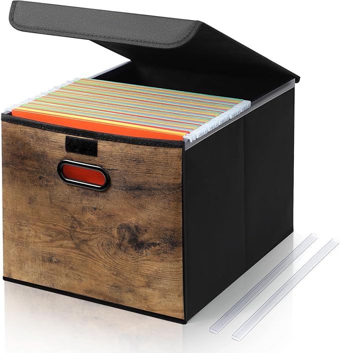 Cinnvoice File Organizer Box with Wood Grain Pattern, Hanging Collapsible File Storage Bins with Lid Plastic Slides for Schoo