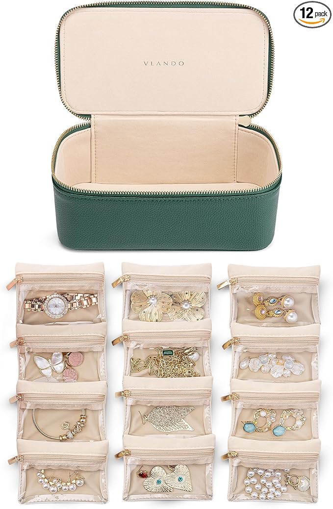 VLANDO Gifts for Teachers,Jewelry Case with 12 Velvet Jewelry Bags Travel Jewelry Organzier for Travelers Necklace Rings Earr