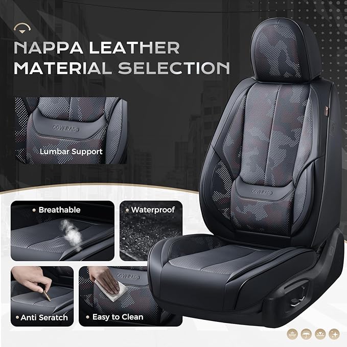 Coverado Seat Covers, Car Seat Covers Front Seats, Leather Seat Covers for Cars, Car Seat Protector Waterproof, Black Car Sea