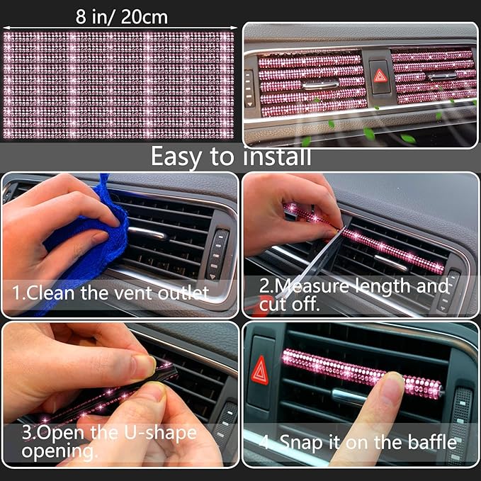 NBTEPEM 27-Piece Bling Car Accessories Set - Universal Fit Steering Wheel Covers, License Plate Frames, Phone Holder, Car Fast Charger, Coasters (Pink)
