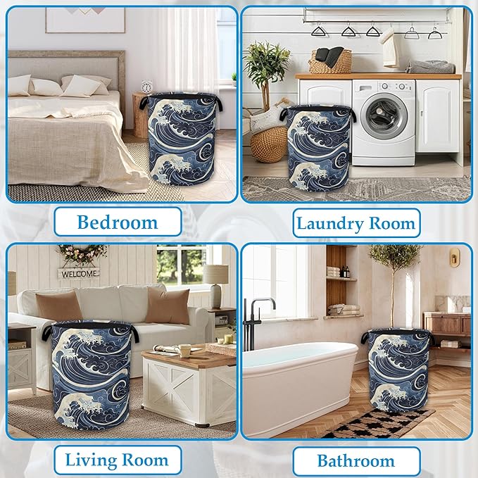 Vintage Sea Waves Large Storage Basket Collapsible Laundry Basket Oxford Storage Bin for Toy Bins Gift Baskets Bedroom Clothe
