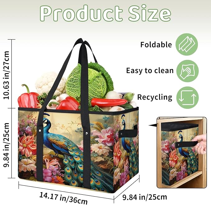 Reusable Grocery Bags Heavy Duty Shopping Bags Foldable Large Tote Bags with Long Handles & Hard Bottom