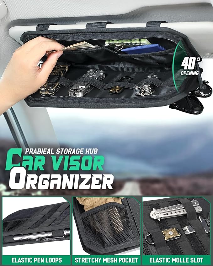 LIVANS Tactical Car Sun Visor Organizer, Automotive Semi-Rigid MOLLE Panel with Zipper Storage Pouch & Glasses Clip, Universal Fit for Trucks, SUVs, Jeeps & Patrol Vehicles (Black)