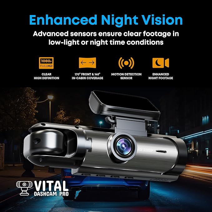 Vital Dash Camera Pro 2026 Dashcam Front and Rear Camera for Cars Dual Car Camera with Night Vision, G-Sensor 24/7 Parking Su