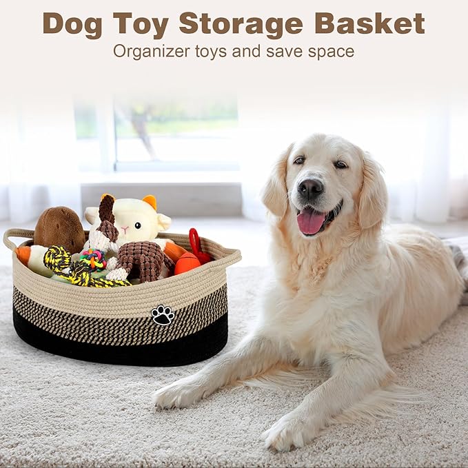 Optish Dog Toy Basket, Toy Box and Bin for Dog Cat Storage, 19.7" X 11" X 7.9" (30L) Large Woven Rope Basket for Blanket Stor