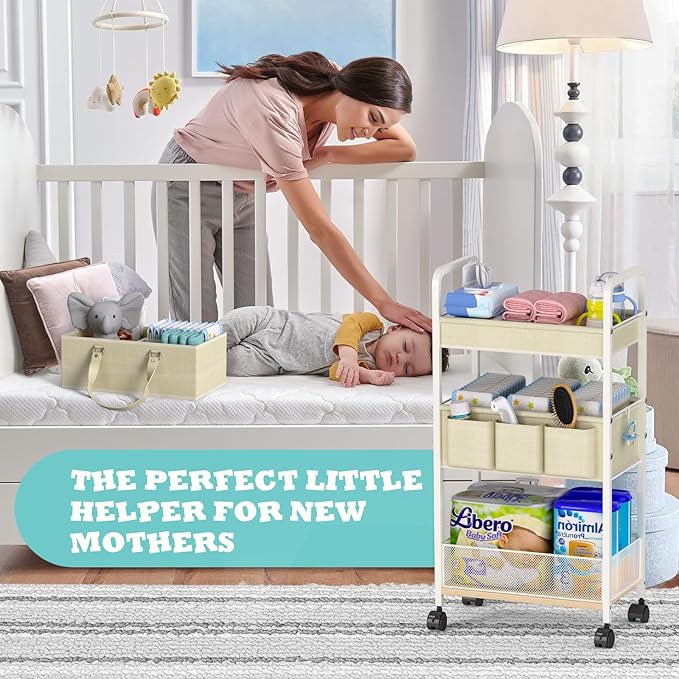 2In1 Baby Diaper Caddy & 3-Tier Rolling Cart, Diaper Caddy Organizer Carts with Dividers, Mobile Metal Utility Cart for Nurse