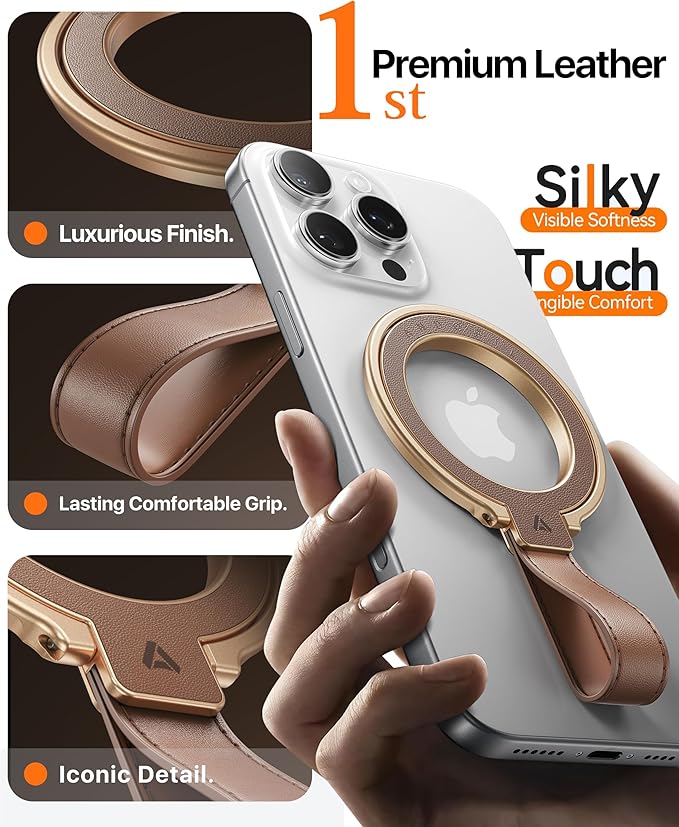 andobil [2026 Premium Leather] Magnetic Phone Grip for MagSafe [Longest Durable] Adjustable Phone Ring Kickstand with Leather Loop Compatible with MagSafe Accessories&iPhone 17 Air 16 15 14 13 Pro Max