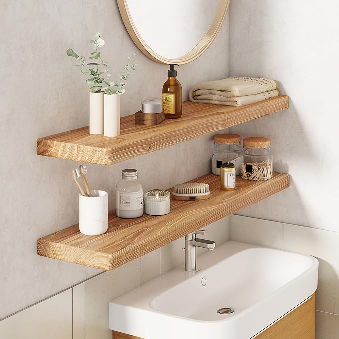 36" Rustic Elm Wood Floating Shelves, 8 Inch Deep Wall Shelves for Home Decor, Wall Mounted Floating Shelf with Invisible Bra