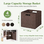 Woven Wicker Storage Baskets 4-Pack, 11x11 Handwoven Paper Rope Organizer Bins, Foldable Cube Storage Cubes with Built-in Han