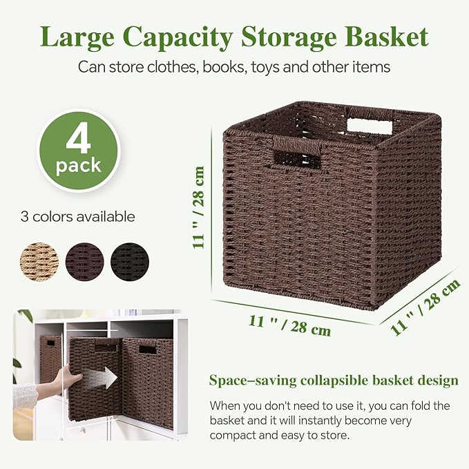 Woven Wicker Storage Baskets 4-Pack, 11x11 Handwoven Paper Rope Organizer Bins, Foldable Cube Storage Cubes with Built-in Han