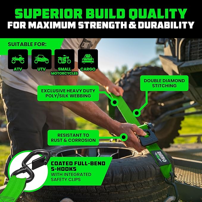 Rhino USA Retractable Ratchet Straps (4-Pack) - 2 Inch x 10 Feet (3,033lb Break Strength) - Heavy Duty Auto Self Retracting Tie Down Straps for Truck, Cargo Trailer, Motorcycle, Rad & More - Green